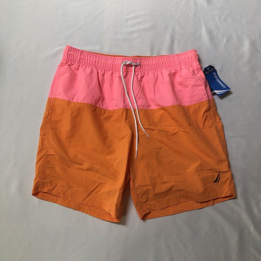 Nautica Men's Large Orange Pink Colorblock Striped Swim Trunks MSRP $69.50